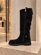 Suedette Gold Hardware Flat Boots Black