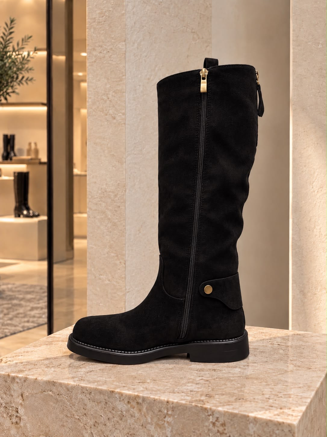 Suedette Gold Hardware Flat Boots Black