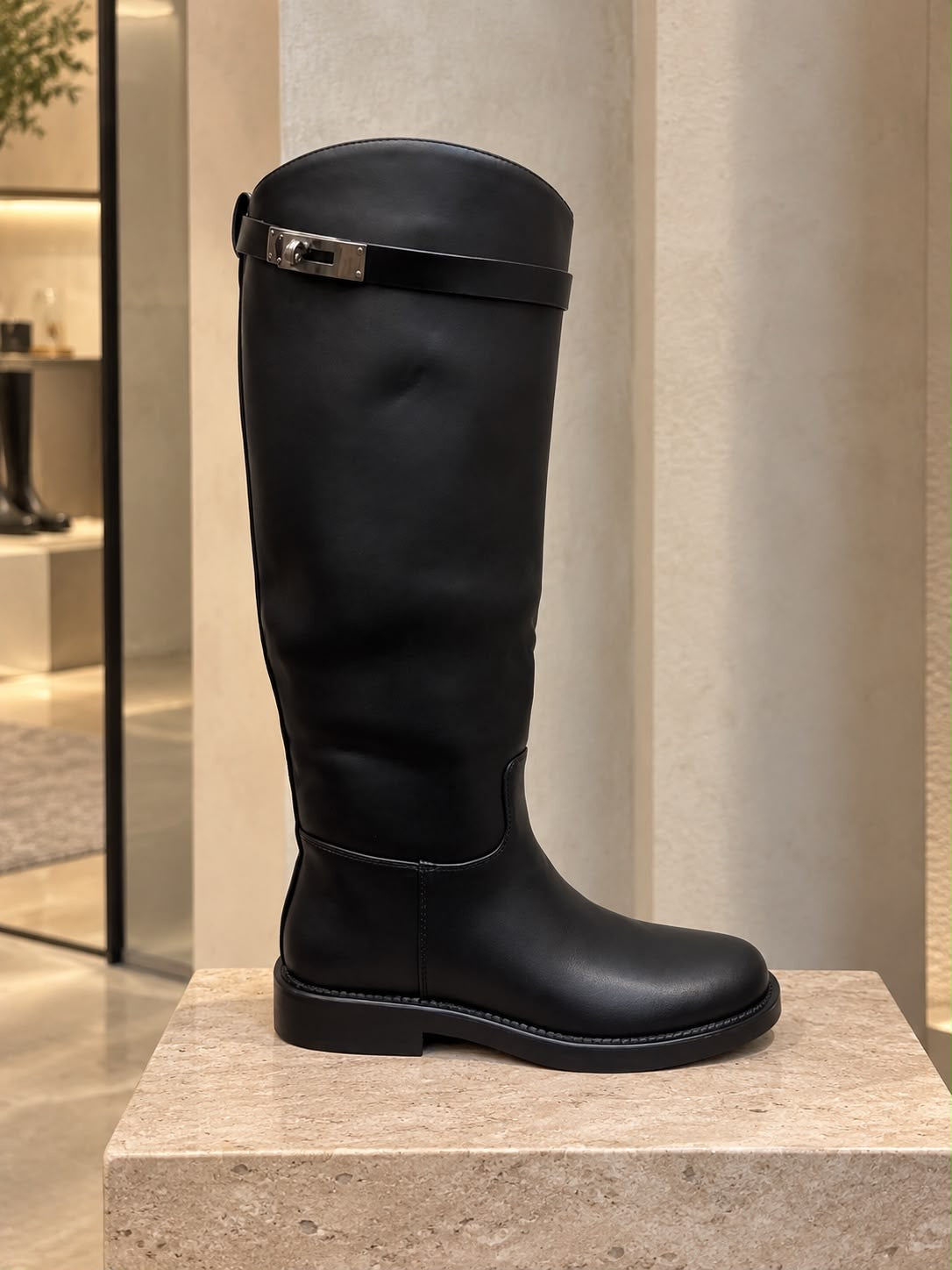 Silver Hardware Lock Boots Black