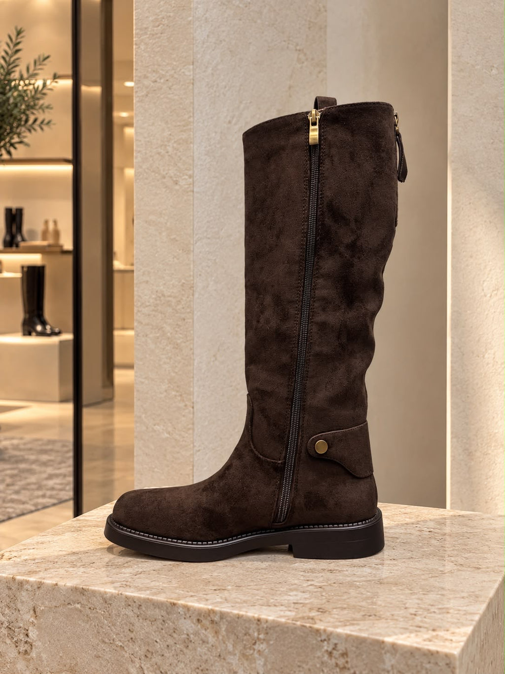 Suedette Gold Hardware Flat Boots Chocolate Brown