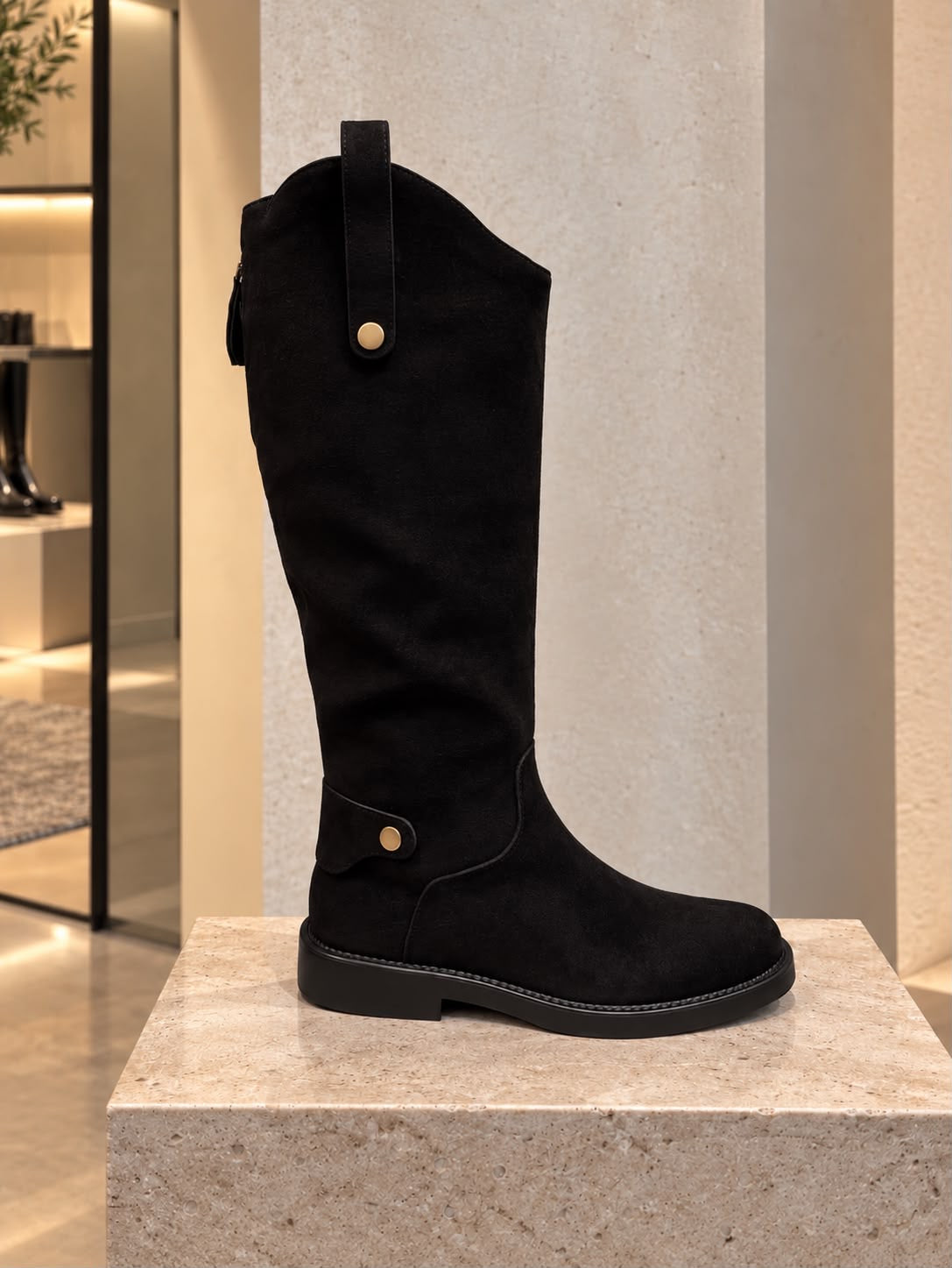 Suedette Gold Hardware Flat Boots Black