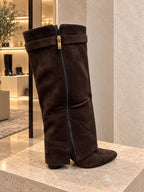 Gold Buckle Fold Over Boots Block Heel Chocolate Brown