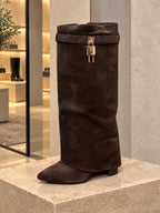 Gold Buckle Fold Over Boots Block Heel Chocolate Brown