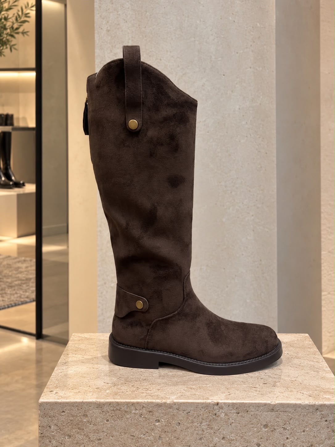 Suedette Gold Hardware Flat Boots Chocolate Brown
