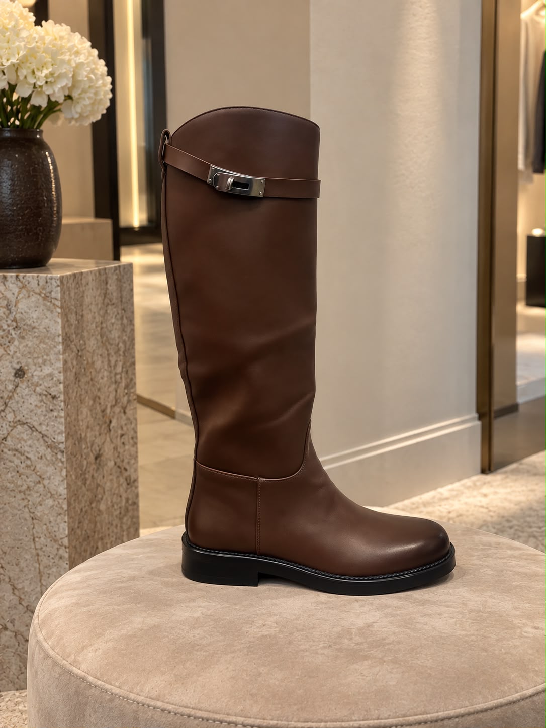 Silver Hardware Lock Boots Brown