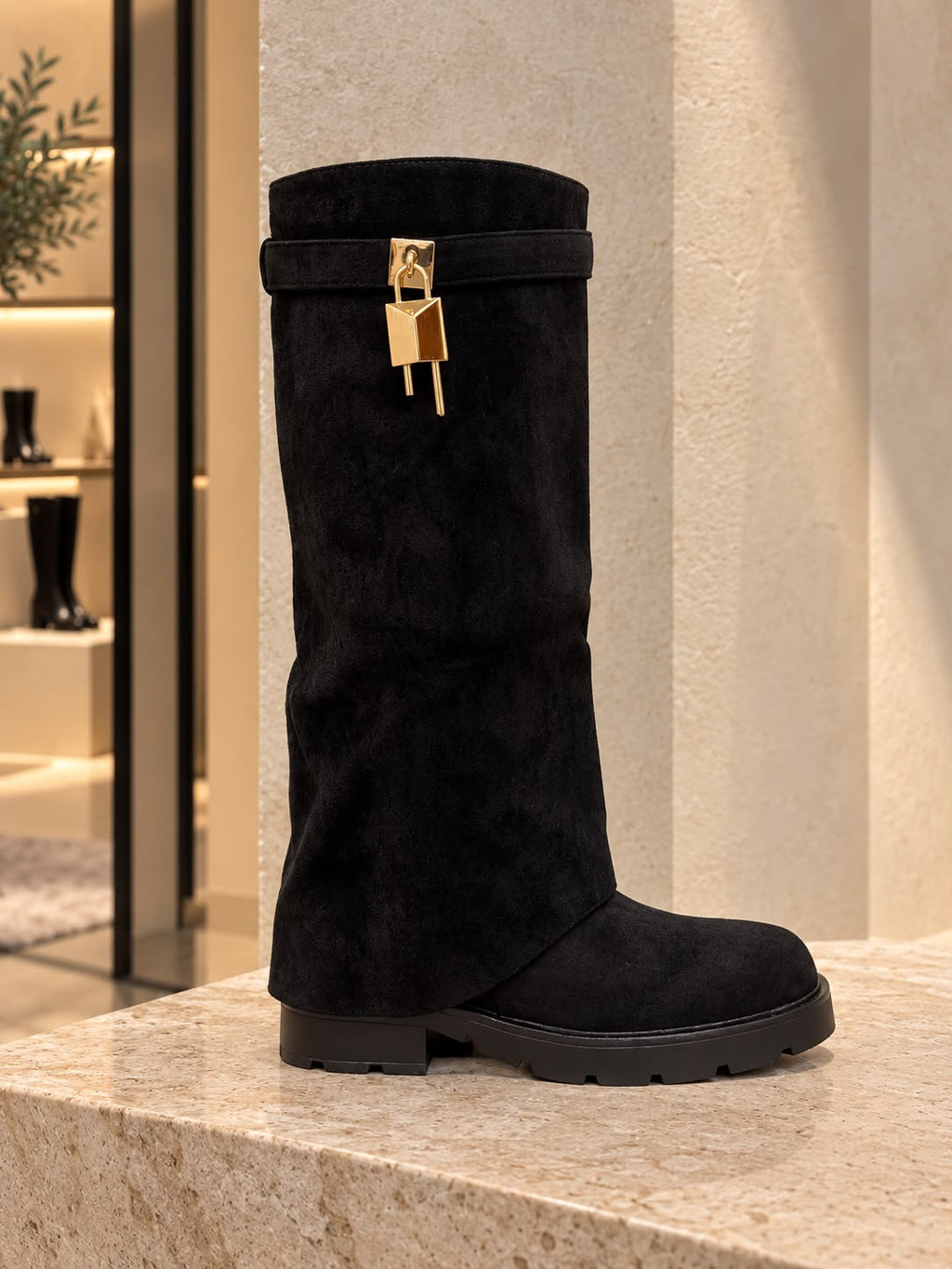 Gold Buckle Lock Boots Black