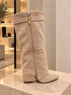 Gold Buckle Fold Over Boots Block Heel Taupe