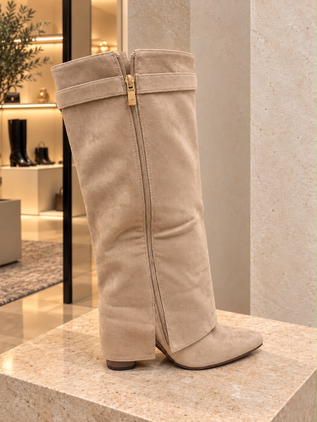 Gold Buckle Fold Over Boots Block Heel Taupe