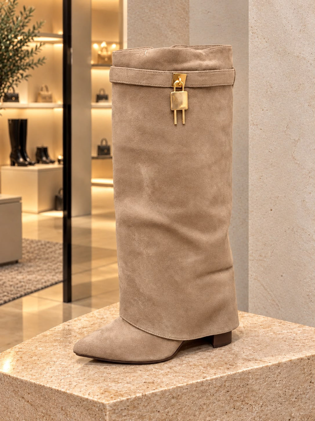 Gold Buckle Fold Over Boots Block Heel Taupe