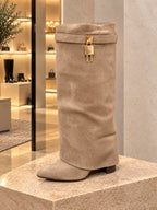 Gold Buckle Fold Over Boots Block Heel Taupe