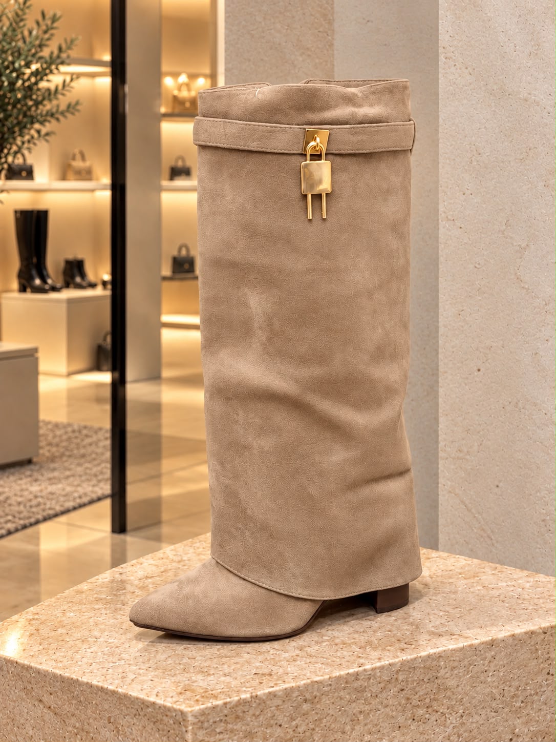 Gold Buckle Fold Over Boots Block Heel Taupe