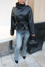 Funnel Neck Leather Tie Up Trench