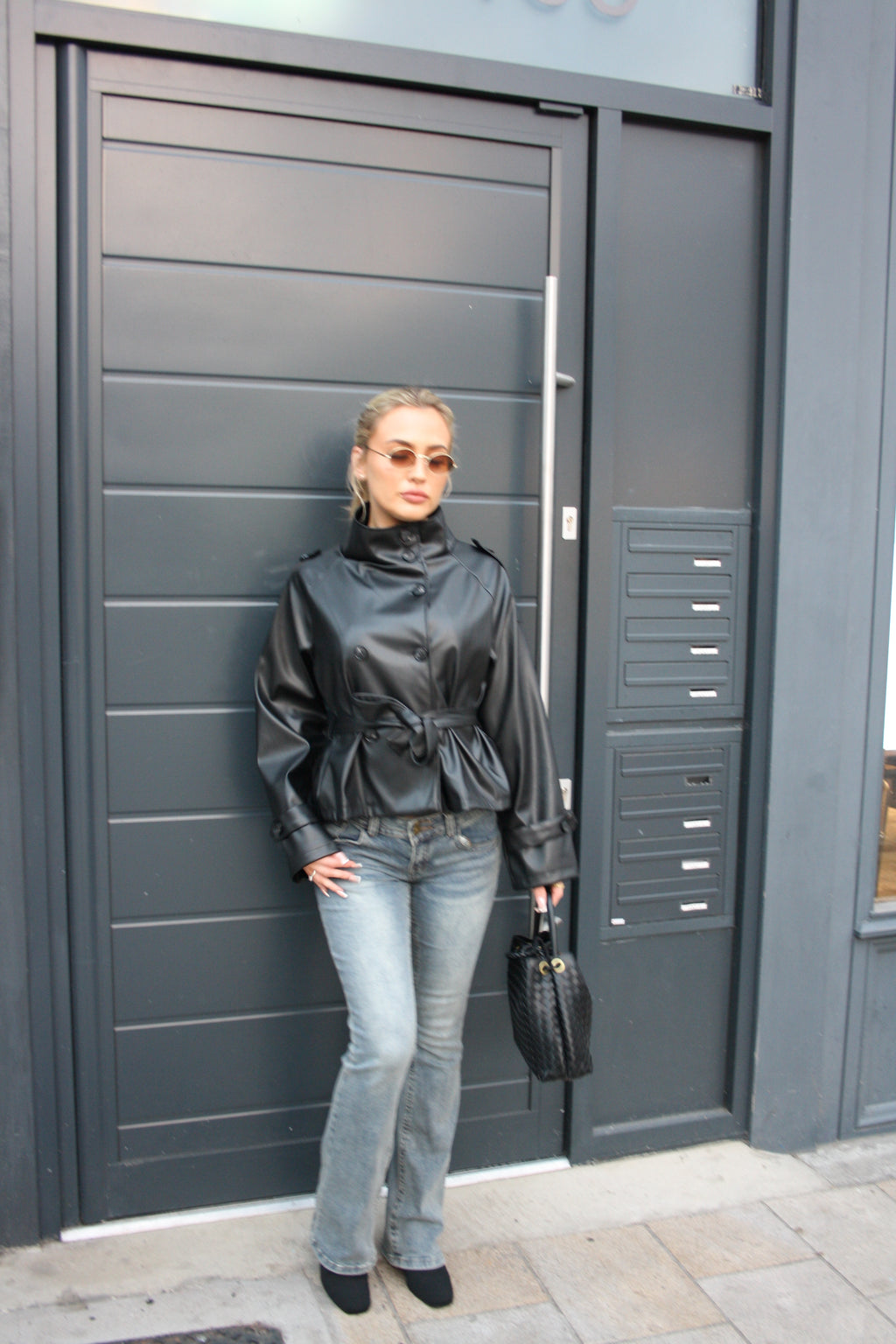 Funnel Neck Leather Tie Up Trench