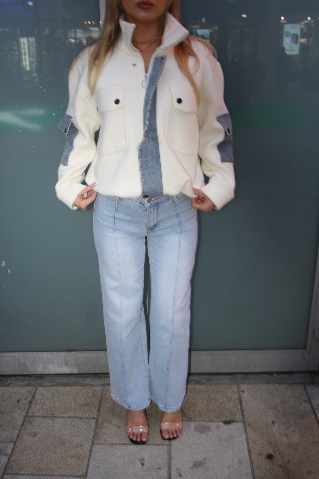Denim Trim Fleece Zip Up Jacket Cream