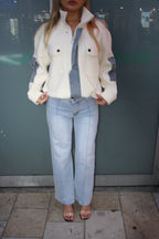 Denim Trim Fleece Zip Up Jacket Cream