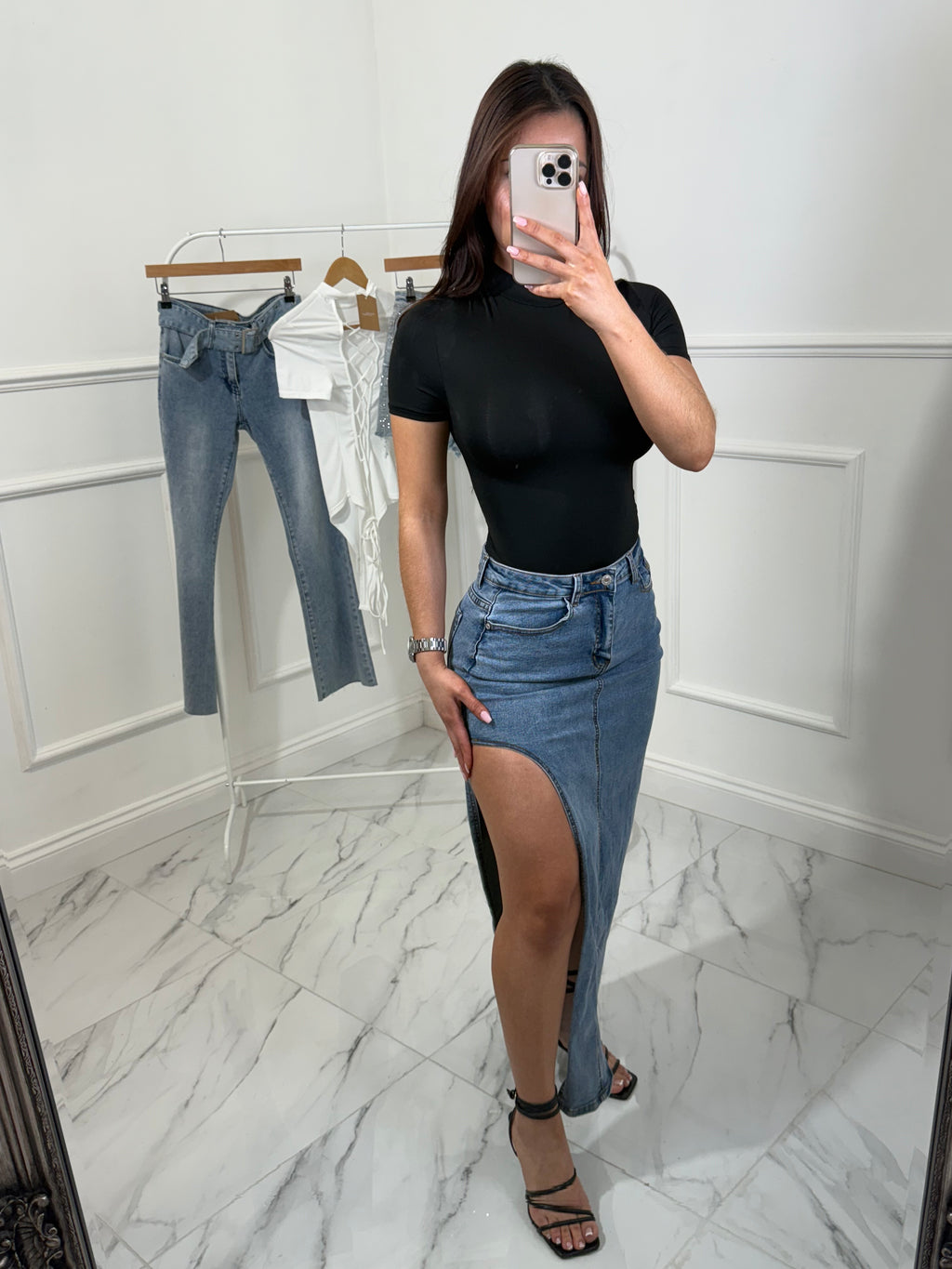 Denim High Slit Skirt