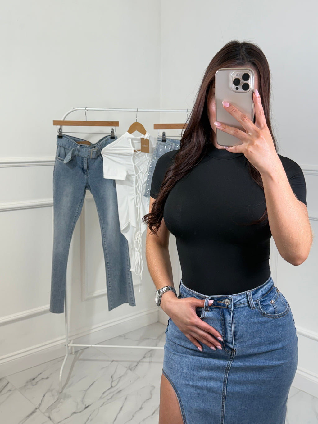 Denim High Slit Skirt